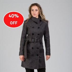 40% SALE, Größe S Wollmantel, Grauer Mantel, Wintermantel, Kaschmir Mantel, Wollmantel mit Gürtel, Eleganter Mantel, Muttertagsgeschenk
