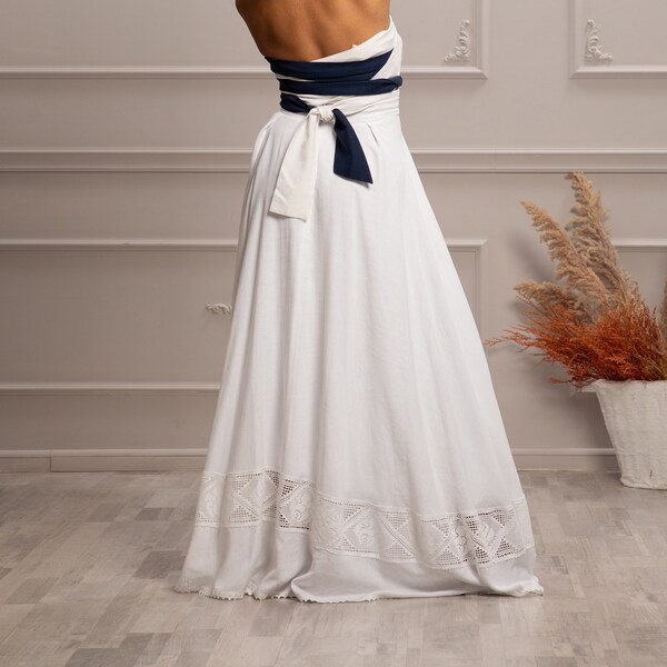 Black & White Patterned Low-Rise Linen Maxi Skirt