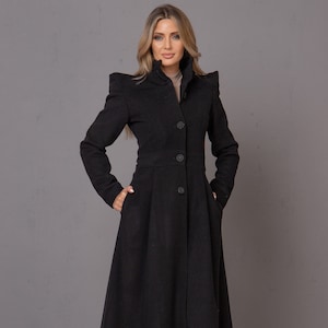 Black Victorian Coat, Floor Length Maxi Coat, Wool Gothic Coat, Extravagant Coat, Wizard Clothing, Custom Womens Overcoat, High Collar Coat