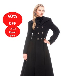 40% OFF Royal Blue L Size Coat - Classic Double-Breasted Edwardian Walking Coat, Fit and Flare Circle Coat, Wool Cashmere Dress Coat