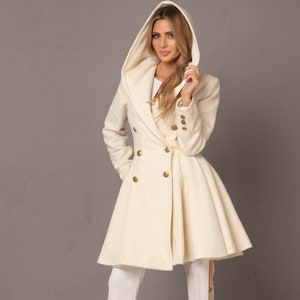 Skirted Princess Cut Coat, Off White Swing Elven Overcoat, Hooded Wool Coat, Custom Midi Winter Dress Coat, Double Breasted Blazer with Hood