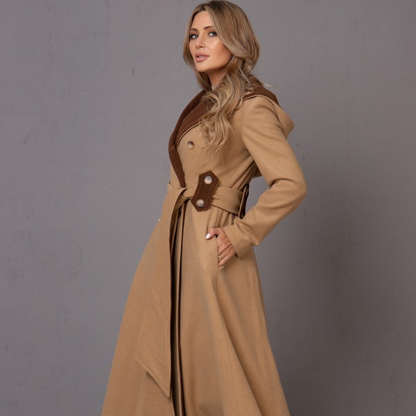 Robe manteau en laine avec capuche, manteau d’hiver long ajusté, veste à capuche élégante sur mesure, manteau en cachemire à double boutonnage, manteau Fairycore