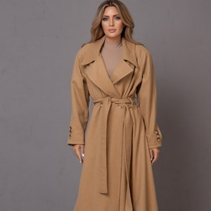 Maxi Wool Plus Size Coat - Pleated Back Coat, Wide Beige Overcoat, Winter Trench Coat, Winter Voluminous Jacket, Wool Cashmere Belted Coat
