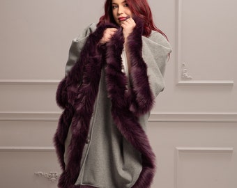 Cashmere Wool Cape Coat, Faux Fur Trim, Wool Poncho Coat, Plus Size Cape, Cold Weather Accessories, Womens Clothing, Custom Size Coat