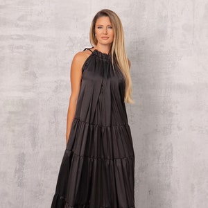 Satin Maxi Dress, Fit and Flare Dress, Elegant Long Dress, Black Maxi Dress, Flounce Dress, Halter Neck Dress, Evening Dress, Occasion Dress image 1