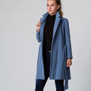 Blue Coat, Cashmere Wool Coat, Elegant Knee Length Coat, Women Overcoat, Plus Size Clothing, Belted Coat with Pockets, Light Coat, Midi Coat image 1