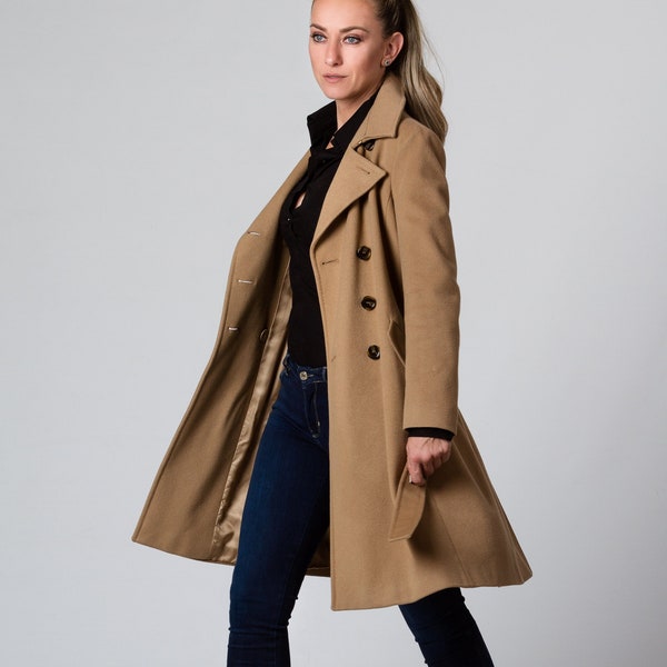 Camel Wool Cashmere Winter Trench Coat, Plus Size Double Breasted Knee Length Coat, Custom Coat Women, Vintage Inspired Peacoat Overcoat