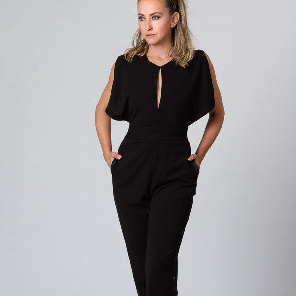 Elegant Formal Jumpsuit, Plus Size Black Overalls, Dressy Gothic Style Clothing Outfit, Festive Evening Jumpsuit, Cocktail One Piece Outfit