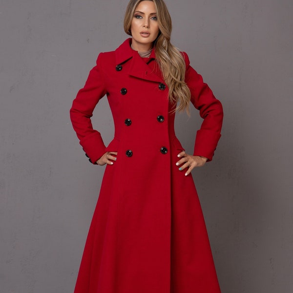 Wool Double Breasted Floor Length Coat, Flared Red Jacket, Custom Made Winter Coat, Long Plus Size Wool Cashmere Coat, Victorian Overcoat