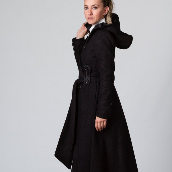 Gothic Winter Wool Coat, Long Hooded Custom Coat, Victorian Style Coat with Velvet Belt, Plus Size Maxi Winter Coat, Black Swing A-Line Coat