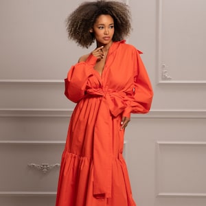 Orange Maxi Dress, Tie Belt Dress, Wedding Guest Dress, Mother Of the Bride, Plus Size Dress, Long Sleeve Dress, Oversize, Womens Clothing