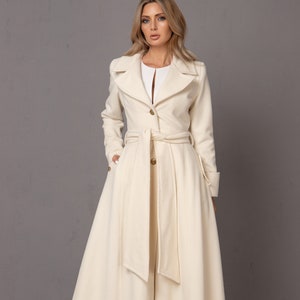 Winter Wedding Long Coat, Off White Floor Length Coat, Wool Cashmere Wrap Coat, Ivory Bridal Trench Coat, Ladies Long Princess Dress Coat image 1