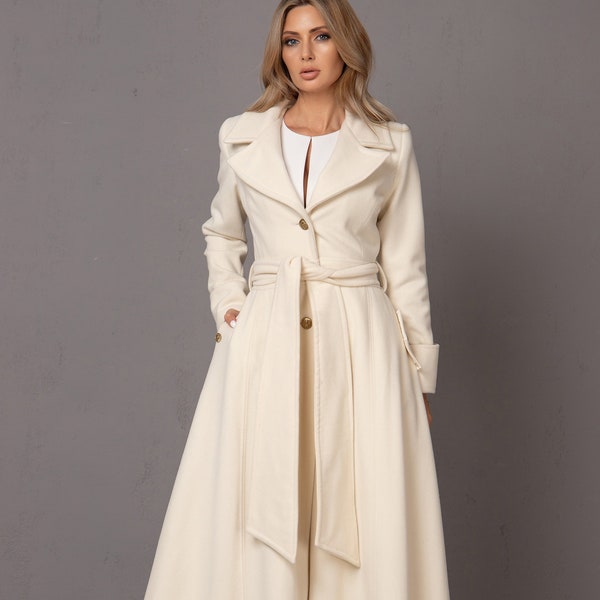 Winter Wedding Long Coat, Off White Floor Length Coat, Wool Cashmere Wrap Coat, Ivory Bridal Trench Coat, Ladies Long Princess Dress Coat