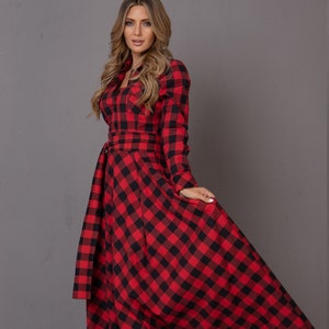 Maxi Plaid Swing Dress Ladies Vintage Inspired Long Dress Red