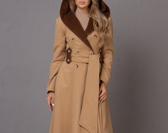 Wool Coat With Hood, Floor Length Coat, Long Winter Coat, Wool Trench Coat,  Plus Size Overcoat, Warm Hooded Coat, Custom Womens Clothing