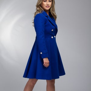 Fit and Flare Princess Coat, Swing Wool Cashmere Jacket, Winter Royal Blue Coat, Plus Size Midi Overcoat, Fitted Vintage Style Jacket