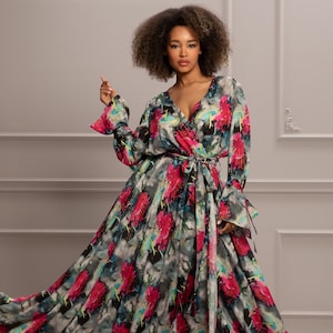 Floral Dress, Spring Style, Cottagecore Wedding Guest Dress, Womens Clothing, Plus Size Maxi Dress, Long Wrap Dress, Mother Of The Bride