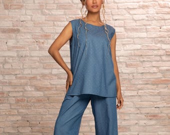 Womens Clothing Set, Summer Suit Women, Palazzo Pants and Sleeveless Blouse, Sparkling Stone Embellishments, Elegant Two Piece Set,Plus Size