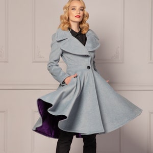 Big Collar Flared Swing Wool Cashmere Coat, Pleated Winter Midi Coat, Fit and Flare Gray Princess Coat,30s Vintage Style Overcoat for Ladies image 1
