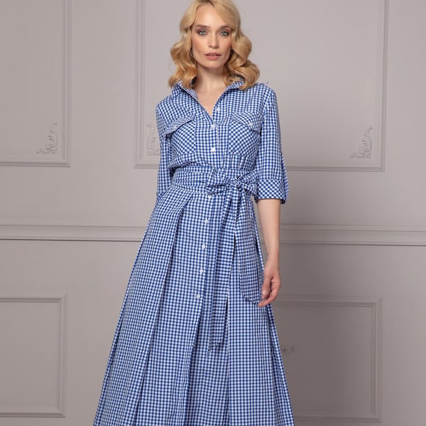 Button-Down Checkered Maxi Dress with Roll-Up Sleeves, Ribbon Bow Tie Belted Shirt Dress, Pleated Buffalo Plaid Dress, Wedding Guest Gown