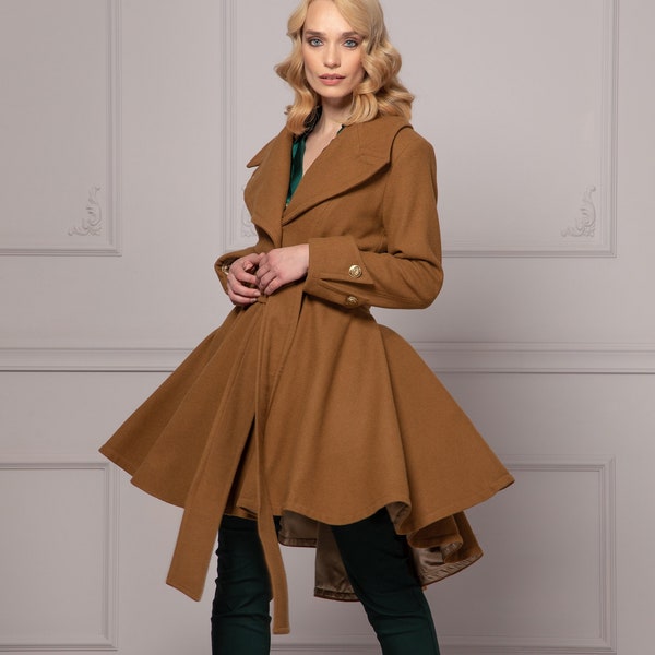 Dramatic Khaki Skirted Coat with Open Lapel, Wool Cashmere 30s Style Structured Coat, Custom Made Winter Trench Coat,Pleats Swing Dress Coat