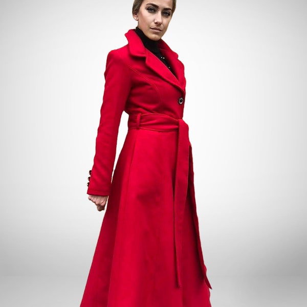 Red Wool Winter Trench Coat, Long Cashmere Wool Coat with Belt, Full Length Dress Coat, Elegant Vintage Style Overcoat, Victorian Wool Coat