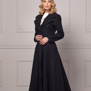 Dark Blue Cashmere Coat, Maxi Flared Coat, Wool Winter Coat, Edwardian Clothing, Princess Coat, Long Coat, Coats And Jackets, Dark Academia