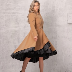 Wool Cashmere Swing Camel Coat, Long Romantic Evening Skirt Coat, Winter Asymmetric Trench Coat, Vintage Style Wrap Jacket, Princess Coat