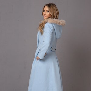Princess Coat with Faux Fur Hood, Light Blue Hooded Coat, Double Breasted Coat, Wool Cashmere Coat, Womens Clothing, Winter Overcoat
