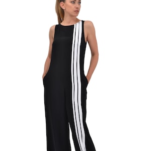 Mono negro a rayas, mono largo palazzo de pierna ancha, ropa de tallas grandes, peto informal sin mangas, mono elegante de verano, atuendo diario