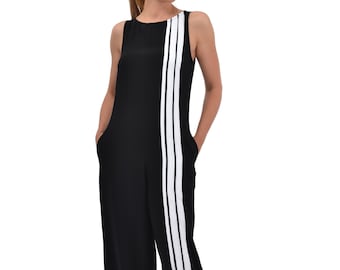 Striped Black Jumpsuit, Wide Leg Maxi Palazzo Jumpsuit, Plus Size Clothing, Casual Tank Overalls, Stylish Summer Jumpsuit, Daily Outfit
