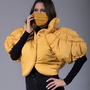 Puffer Jacket in Yellow, Asymmetrical Woman Jacket, Mustard Jacket, Puffer Vest, Short Jacket with Mid Sleeves, Puff Sleeves Jacket