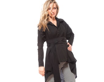Winterse, losse, asymmetrische boho-blouse/top met lange mouwen en riem, handgemaakt designeritem, ook verkrijgbaar in grote maten.