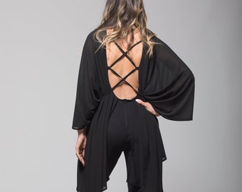 Mono elegante de noche, mono con espalda abierta y tirantes, mono vanguardista de talla grande, mono para invitada de boda, mono para fiesta/ocasión especial.