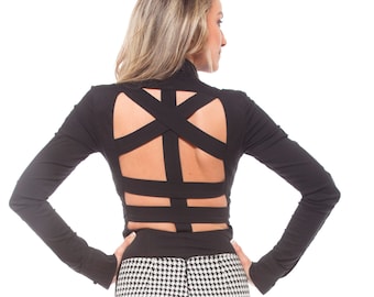 Black Top, Open Back Top, Women Shirt, Deconstructed Clothing, Sexy Top For Women, Plus Size Clothing, Sexy Black Top, Long Sleeve Top