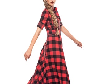 Plaid Tartan Dress, Flared Shirt Dress, Lumberjack Style Dress, Buffalo Plaid Dress, Checkered Cotton Dress, Long Plus Size Scottish Dress