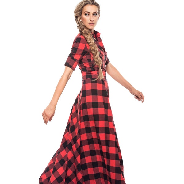 Plaid Tartan Dress, Flared Shirt Dress, Lumberjack Style Dress, Buffalo Plaid Dress, Checkered Cotton Dress, Long Plus Size Scottish Dress