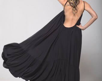 Open Back Maxi Dress, Black Summer Dress, Oversize Beach Dress, Flowy Backless Dress, Vintage Inspired Plus Size Dress, Bohemian Dress