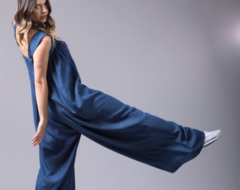 Sind Jumpsuit, Baumwoll Jumpsuit, breiter Bein Jumpsuit, Blau Ärmelloser Overall mit Gürtel, Casual Loose Jumpsuit, Sommer Oversized Overall Damen