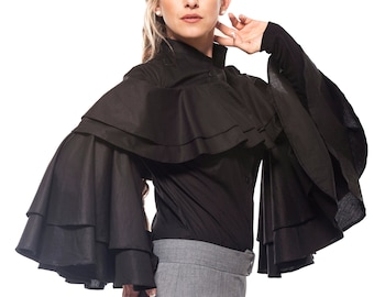 Victorian Ruffle Shirt, Hand Tailored Top, Avant Garde Blouse, Black High Neck Formal Blouse, Wedding Guest Outfit, Fall Womens Clothing