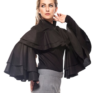Victorian Ruffle Shirt, Hand Tailored Top, Avant Garde Blouse, Black High Neck Formal Blouse, Wedding Guest Outfit, Womens Clothing, Spring