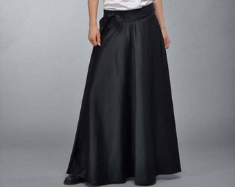 Black Maxi Satin Ball Skirt, Long Pleated Circle Skirt, Formal Plus Size Skirt with Bow, Heavy Satin A-Line Skirt,Floor Length Festive Skirt