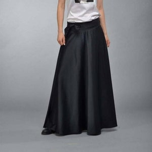 Black Maxi Satin Ball Skirt, Long Pleated Circle Skirt, Formal Plus Size Skirt with Bow, Heavy Satin A-Line Skirt,Floor Length Festive Skirt