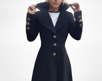 Floor Length Fitted Wool Coat, Long Black Victorian Overcoat, Maxi Riding Cashmere Coat, Vintage 70s Style Goth Overcoat, Victorian Clothing