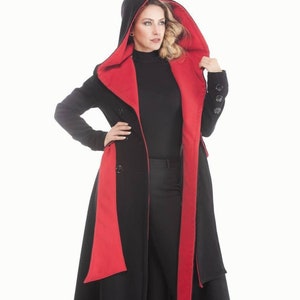 Wollmantel, Schwarz und Rot Maxi Mantel, Wintermantel, Winter Oberbekleidung, Damenbekleidung, Plus Größe langer Mantel, bodenlanger Mantel