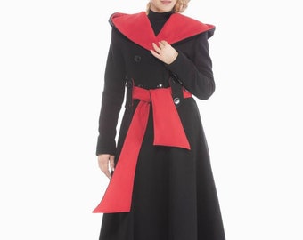 Hooded Maxi Wool Coat, Black & Red Goth Winter Overcoat, Plus Size Long Hood Jacket, Wool Cashmere Flattering Coat, Fit and Flare Overcoat