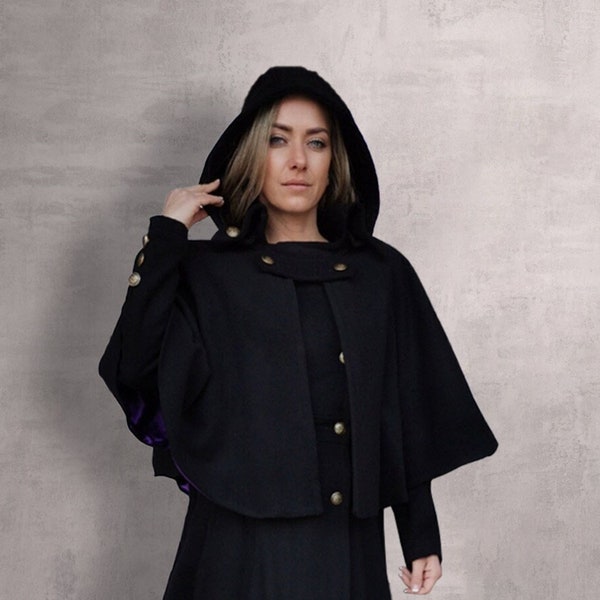 Cape Coat with Hood - Astraea Fashion Addition - Poncho with Buttons