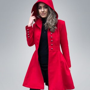Red Wool Coat, Hooded Wool Coat, Fall Style, Knee Length Coat, Womens Clothing, Plus Size Coat, Womens Overcoat, Custom Made