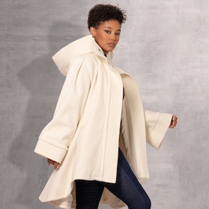 Off White Hooded Coat, Fall Fashion, Wool Oversize Coat, Hooded Cape Coat, Womens Clothing, Fall Style, Asymmetric Coat, Plus Size Clothing