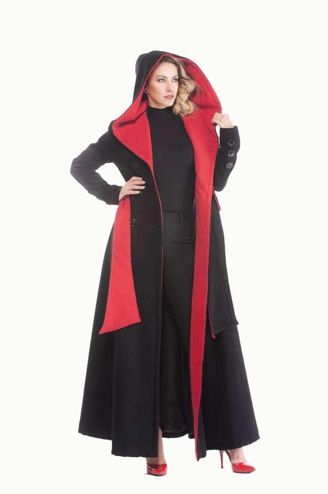 Hooded Wool Coat, Black and Red Maxi Coat, Winter Overcoat